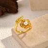 European and American ins style camellia pearl opening ring women's versatile 18K gold ring elegant temperament does not fade jewelry