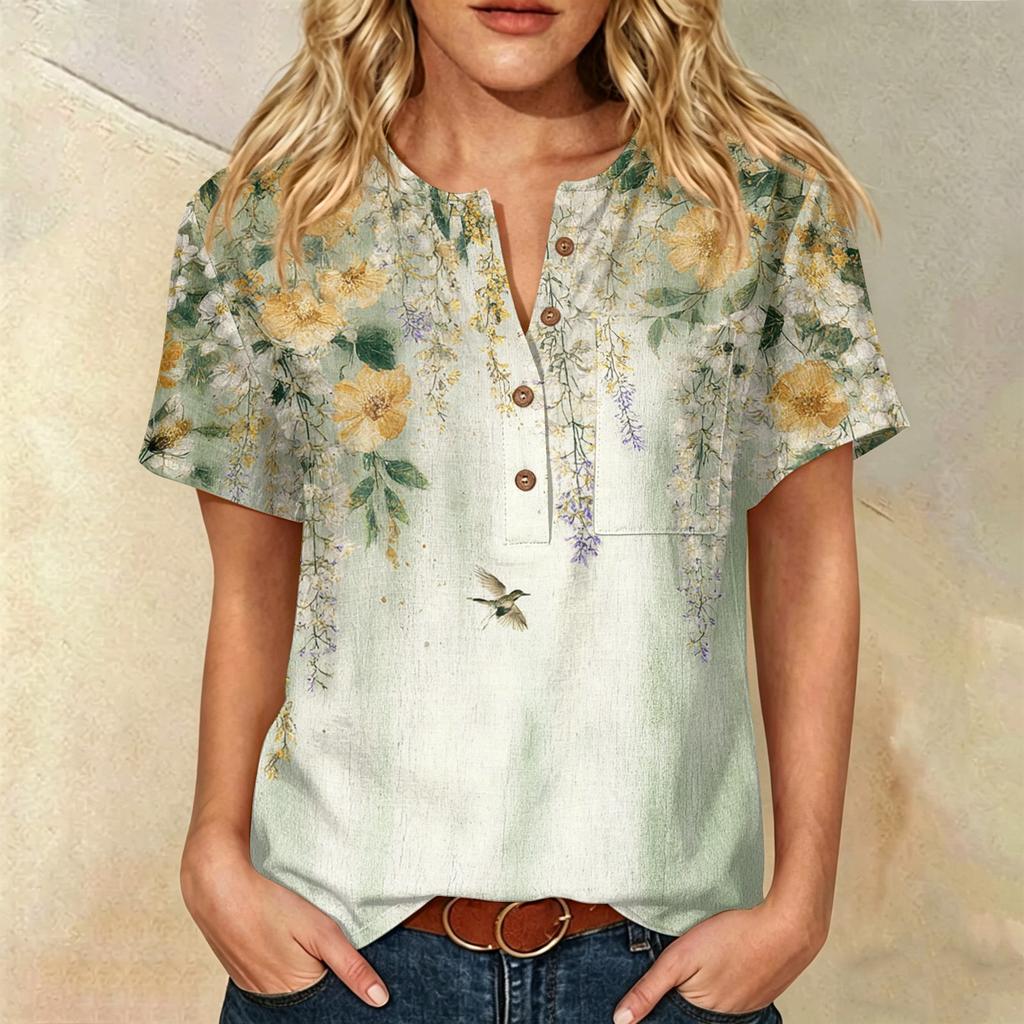 Women Henley Neck Printed Short Sleeve Cotton Linen Shirt with Front Pocket and Button Casual Fit Top