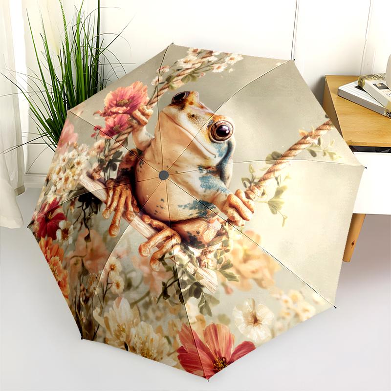 Frog and Flowers pattern, automatic folding umbrella, portable and foldable design, 8 ribs, a Christmas or birthday gift.
