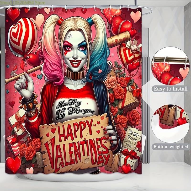 Warner Bros. 4pcs Joker & Harley Quinn Shower Curtain Set with 12 Hooks, Non-Slip Bath Mat, Toilet Lid Cover, and U-Shaped Mat