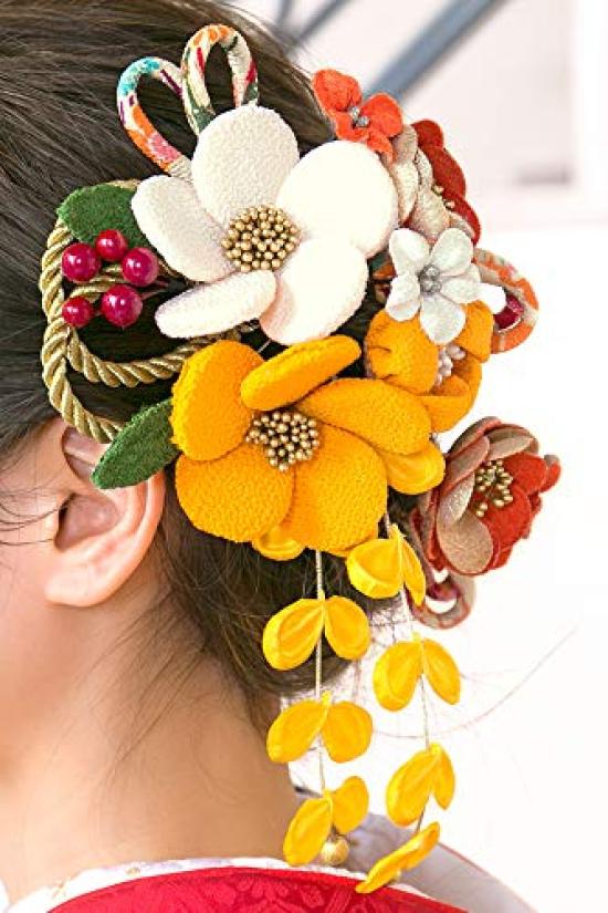 SOUBIEN Hair Ornaments for Ceremonies and Yellow and Orange with Plum and Nandina Japanese Hanging Kumihimo and Hair Graduation Made in Japan