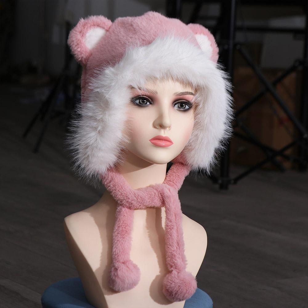 Korean Faux Fur Bucket Hat Warm Women Fluffy Hats Trendy Cute Bear Ear Hat Girls