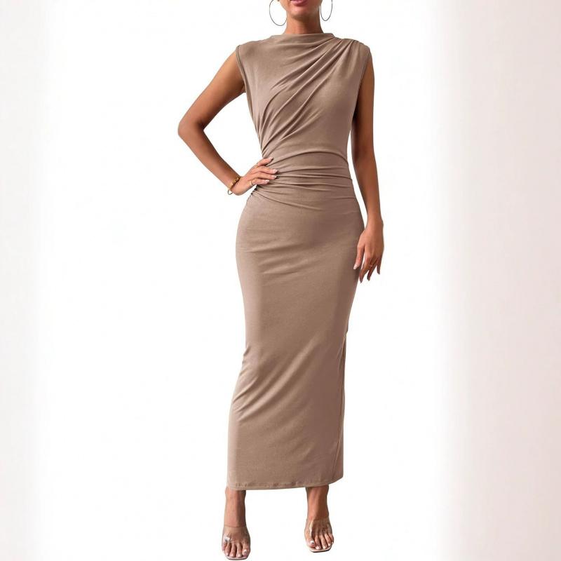 2026 Women's Spring/Summer Sleeveless Back-Slit Ruched Tight-Fitting Bodycon Dress