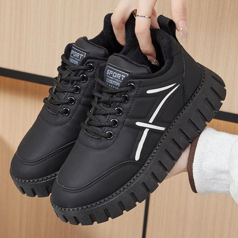 

Женские зимние массивные кроссовки на платформе с подкладкой из искусственного меха, теплые нескользящие ботинки для снега на шнуровке, теннисные кроссовки для ходьбы для женщин, ботильоны из искусственной кожи 36 чёрный