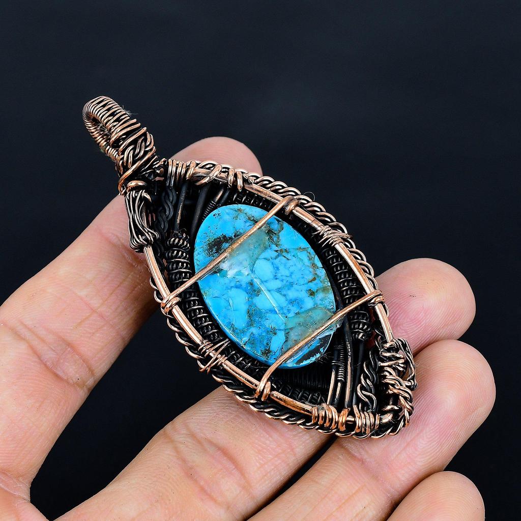 Tibetan Turquoise Pendant, 999 Copper Wire Wrapped Gemstone Jewelry, Handmade Pendant, For Thanksgiving