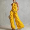Sleeveless Wide Leg Pants Set Women Summer European Style Striped Color Block Two Piece Casual Vacation