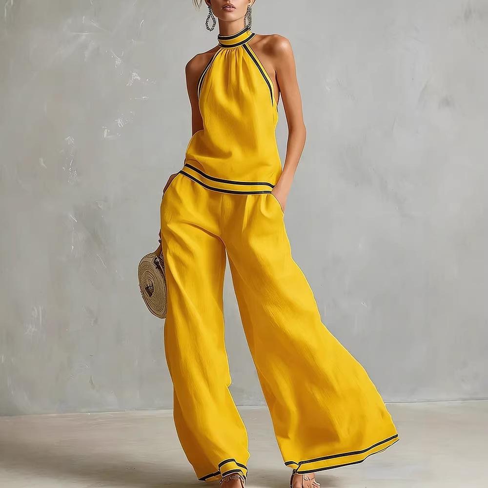 Sleeveless Wide Leg Pants Set Women Summer European Style Striped Color Block Two Piece Casual Vacation