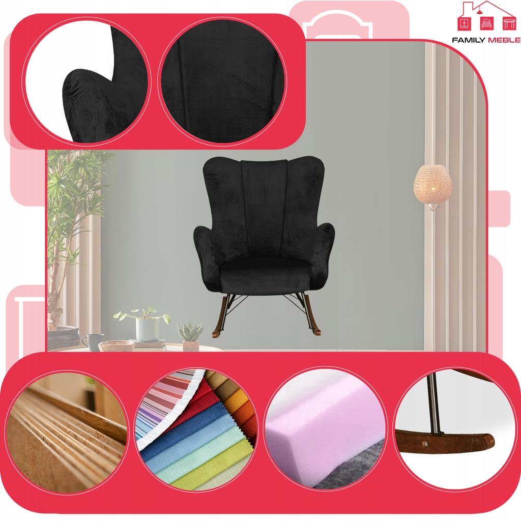 Scandinavian Vika Wing Chair, Rocking, On Runners, Family Meble, Black Velvet