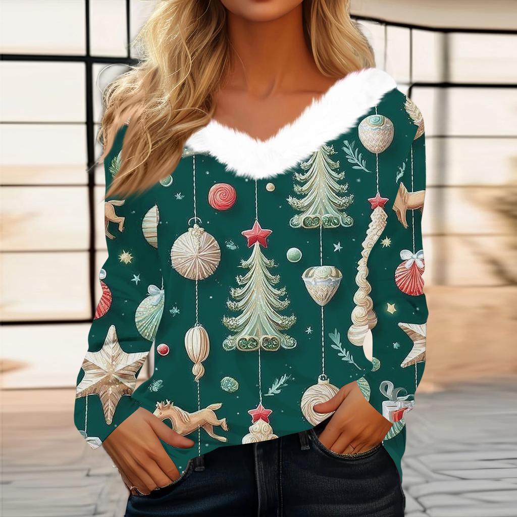 Women's Fashion Long Sleeve Christmas V-Neck Printed Party Furry Top