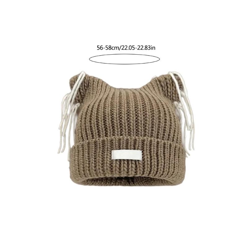 Cats Ear Knitted Hat Tassels Letter Decration Hat Foldable Fuzzy Winter Hat for Youthful Stylish Look