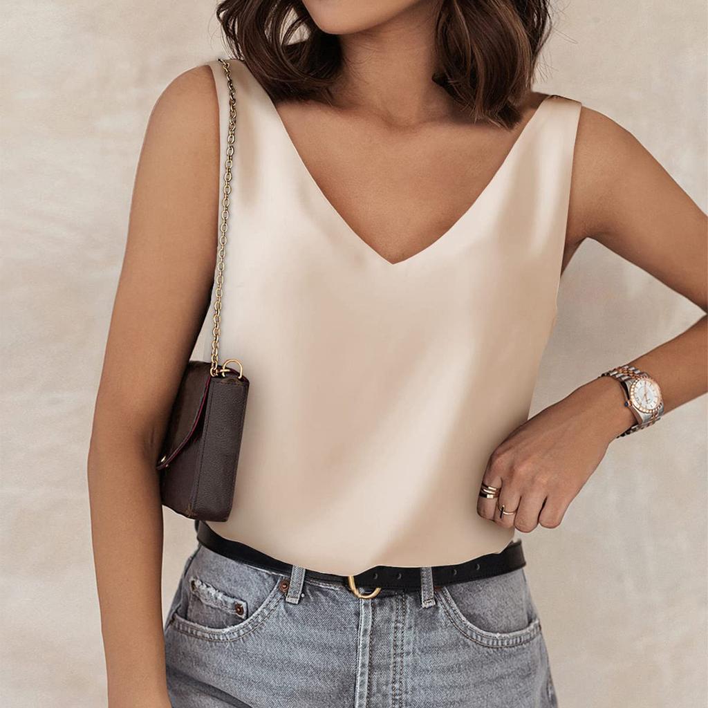 Tricou lejer de vară, cu decolteu în V, de mătase, de culoare uni, fără mâneci