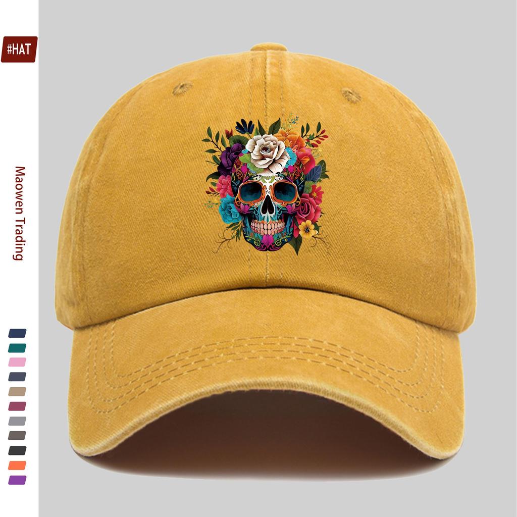 Pc Vibrant Day Of The Dead Skull With Floral Print Baseball Cap  Adjustable Buckle Closure Lightweight Polyester Ideal For