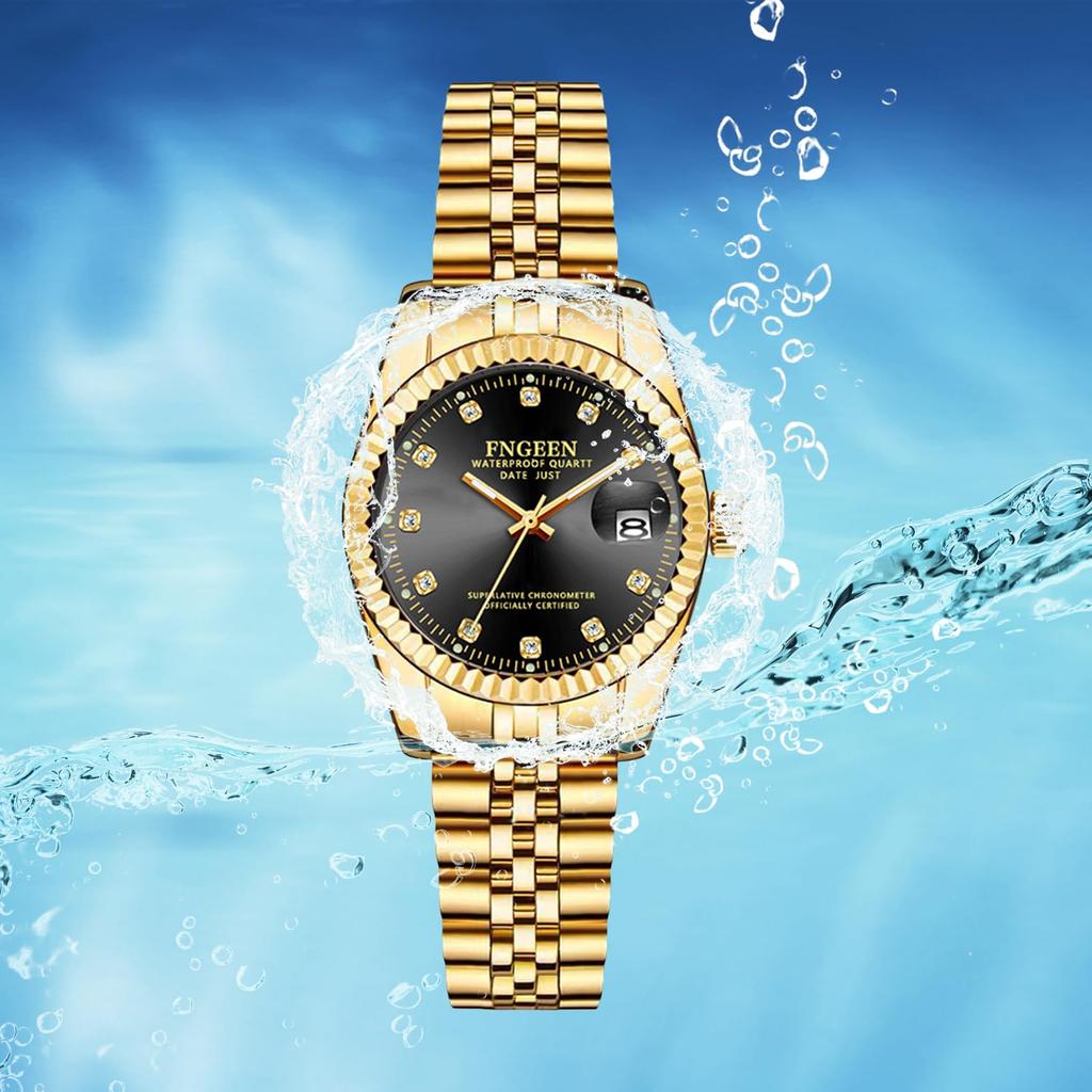 Watch Stainless Steel Strap Calendar 3ATM Water Resistant Stylish Analog Display Japanese Quartz Watch Gold Leisure Business Women Fashion Accessories