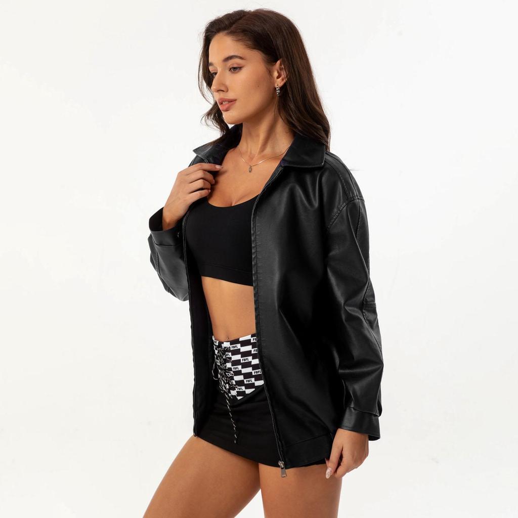 Fall Winter Women Lapel Collar Long Sleeve Slim Fit Zipper Pu Leather Jacket