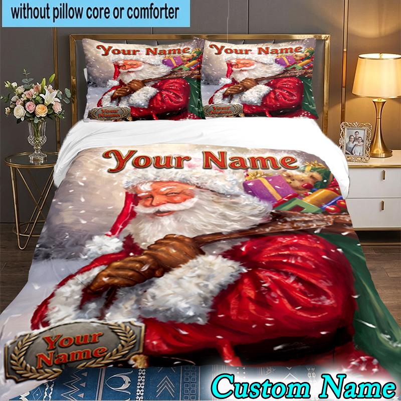 Custom Name 3PCS Santa Snowman Friendship Bedding Set,Including Duvet Cover And 2pcs Pillowcases Perfect for Bedroom,Dormitory,Fan Christmas Gift