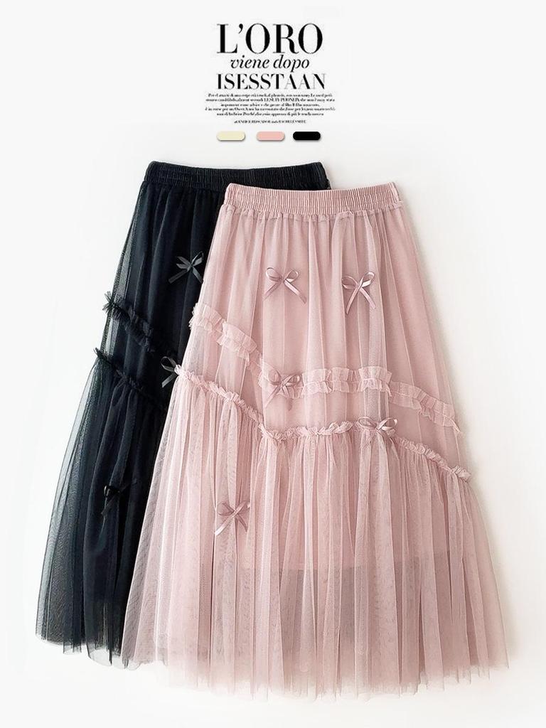 2024 Sweet Bow Net Gauze A-line Skirt for Women - Spring/Summer Collection