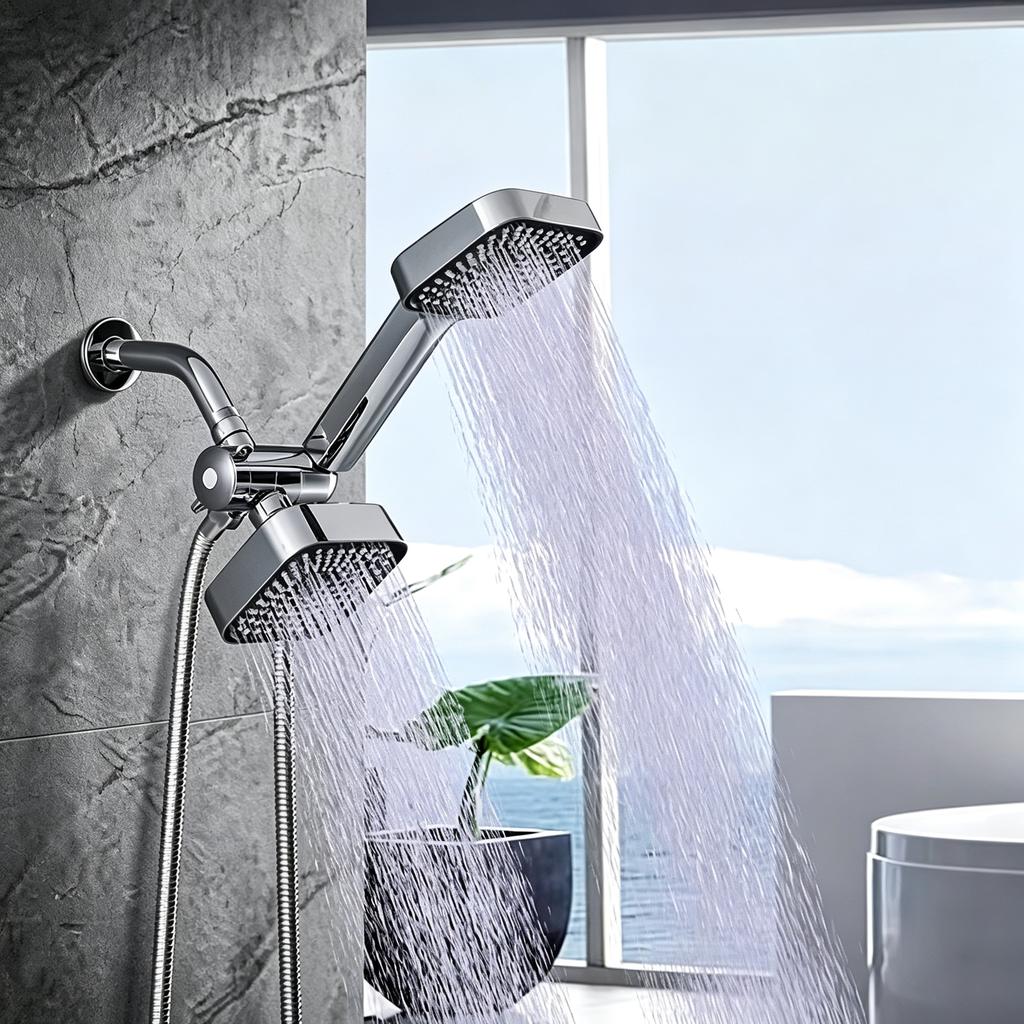 Chrome Plated Double Shower Head Kit with Handheld And Overhead Sprays Wall Install Anti-Clog Water Outlet for Powerful Bathroom