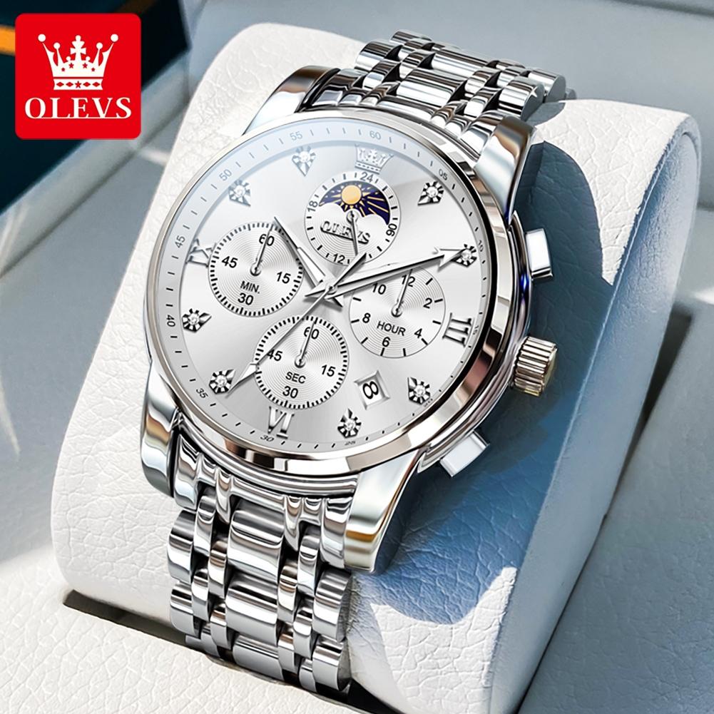 OLEVS New Men's Quartz Wrist Watches 7 Hands Moon Phase Chronograph Waterproof Stainless Steel Multifunction Man Watch