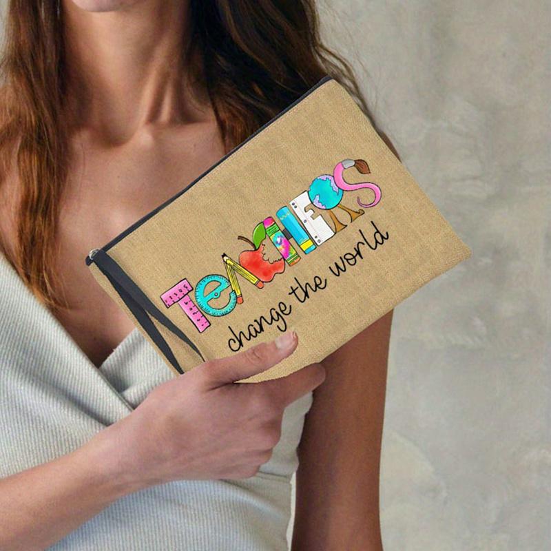 1pc "Teacher Change The World" Printed Cosmetic Bag, Women Travel Makeup Storage Bag, Back To School Teacher Gift