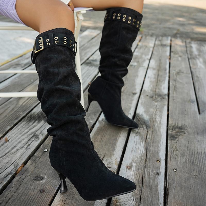 Fashion Buckle Strap High Heel Long Boots for Women Fashion Pointed Toe Stiletto Heeled Party Shoes Women Pleated Design Knee High Boots