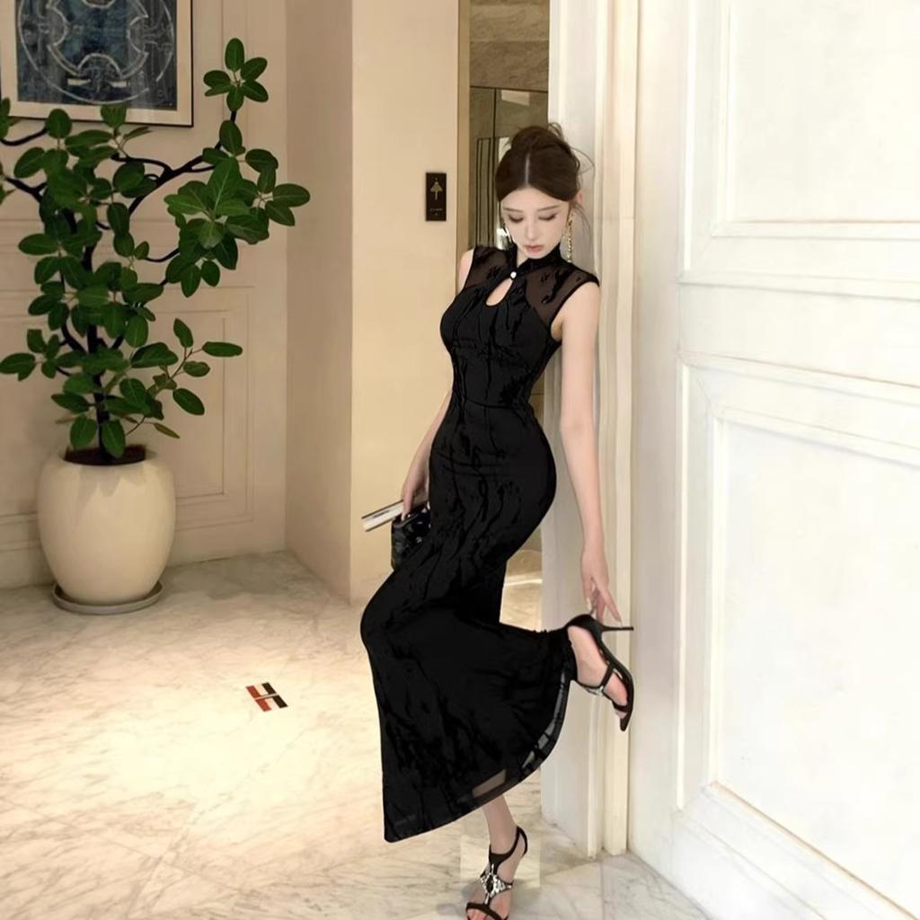Black New Chinese Improved Cheongsam Mesh Splicing Dress, High-end Temperament Hip Dress, Waist Dress