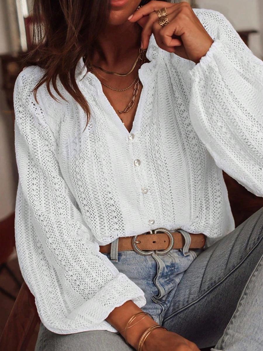 

Spring New Loose Fashion Versatile Hollow Lace V-Neck One-Button Pleated Long Sleeve Shirt S белый