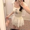 Bow U-neck T-shirt Women's lace short-sleeved spring and summer slim-fitting sweet inner top bottoming shirt