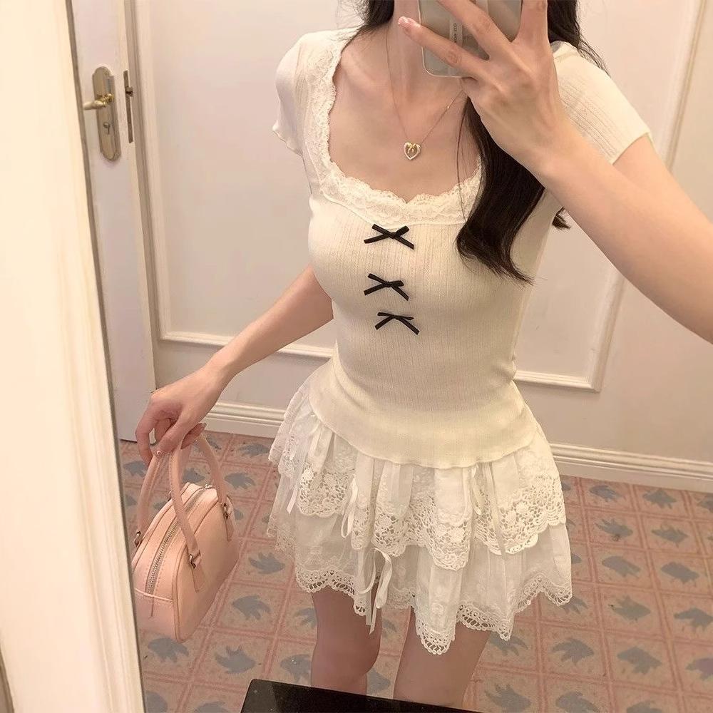 Bow U-neck T-shirt Women's lace short-sleeved spring and summer slim-fitting sweet inner top bottoming shirt