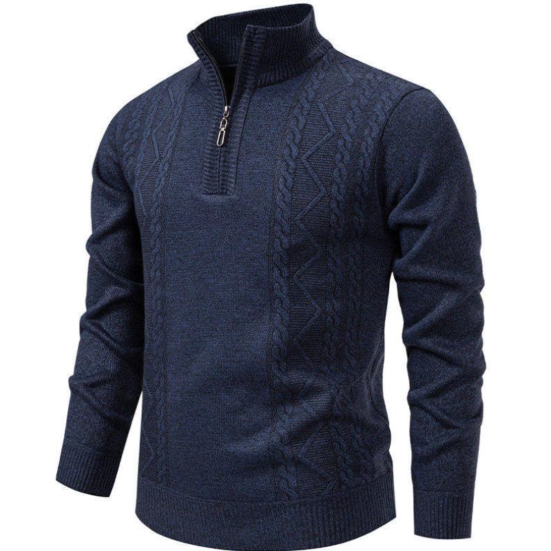 Men Fleece Lined Jacquard Sweater Autumn Winter New Stand Collar Pullover Zip Mock Neck Casual Loose Soft Knit Top
