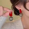 Elegant French Red Pearl Enamel Stud Earrings: Retro High-Class Fashion Jewelry for Women