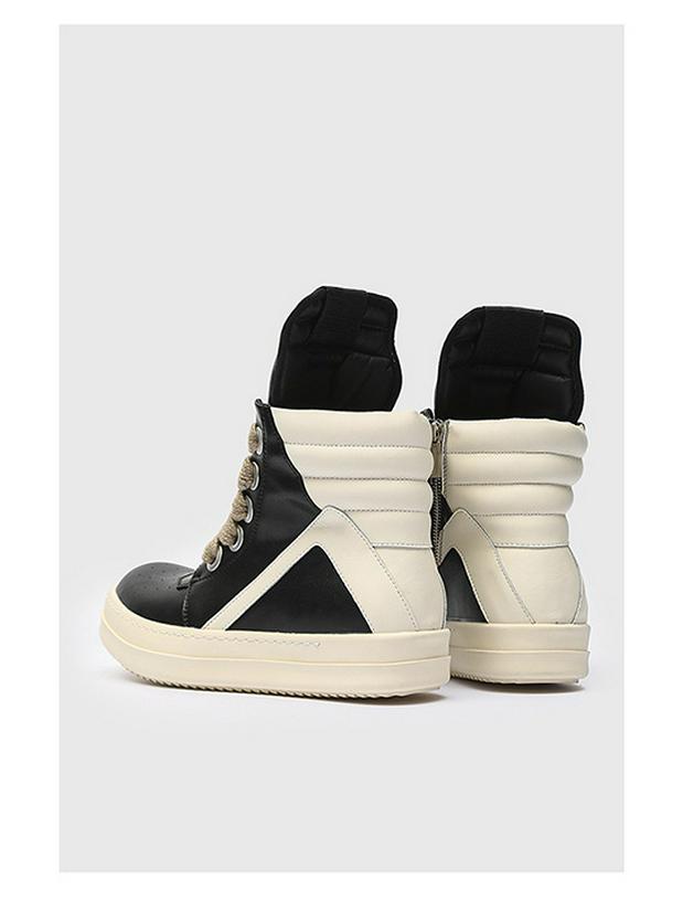 2024 Autumn/Winter Men's Trendy Genuine Leather High-Top Black & White Thick-Soled Boots
