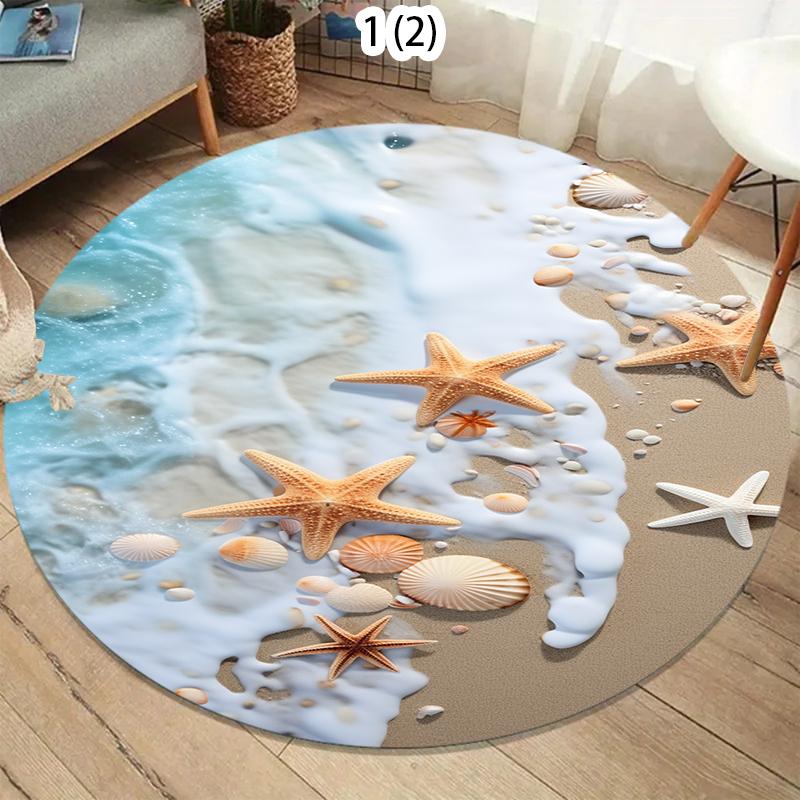 Nordic Coastal Round Rug Soft Carpet Area Rug Bedroom Non-Slip Floor Mat Teal Ocean Wave Design for Living Room Kidsroom