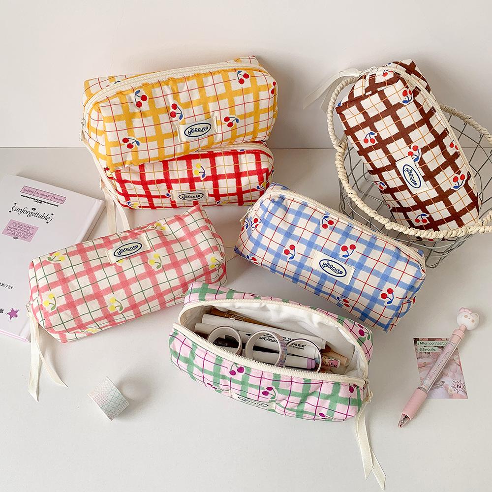 Cartoon Plaid Pencil Case Girls' Stationery Storage Bag Student High-value Pencil Case Makeup Bag