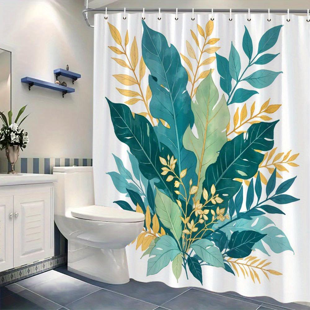 1pc Tropical Leaves Polyester Shower Curtain, Stylish Home Bathroom Decor, Dark Green, Yellow and Light Green Leaves with Hook
