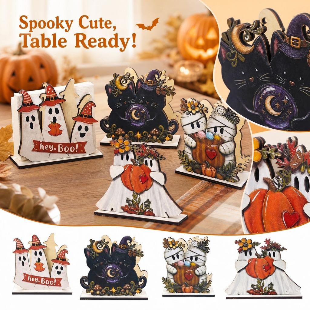 Cute Halloween Wooden Tissue Box Holder for Festive Table and Kitchen Countertop Decoration