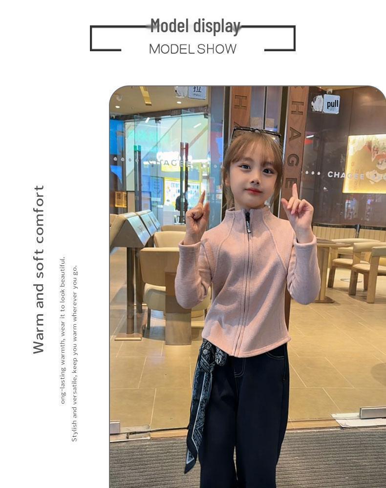 Girls' Warm Faux Cashmere Slimming Hoodie with Stylish Stand Collar - Versatile Velvet Base Layer for Autumn/Winter