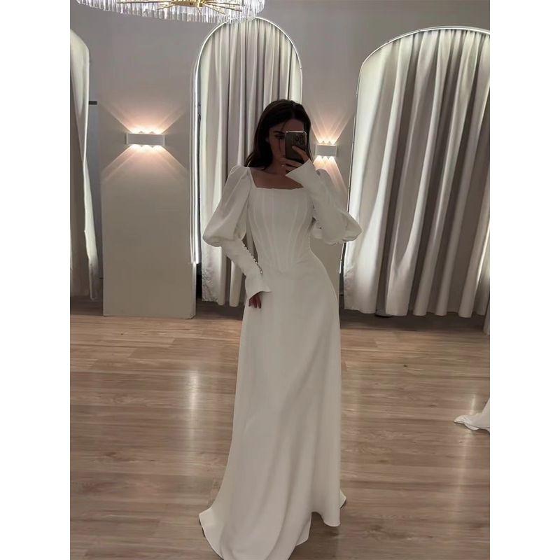 Fashion New Arrival Long Sleeves Waist-Tight Square Collar Dress Waist Collection Square Neck Dress