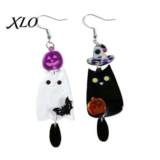 Charming Holiday Gift for Her 1 Pair Acrylic Halloween Earrings, Black White Ghost Drop Dangle Earrings with Women Witch Hat Bat Pumpkin, Gothic