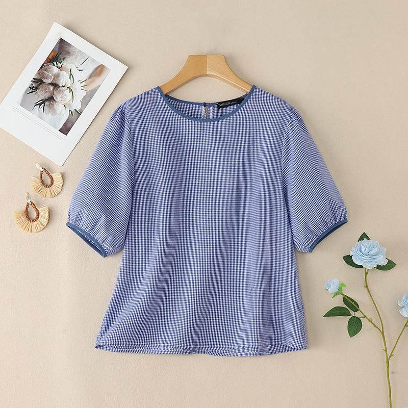 

ZANZEA Women Casual Round Neck Grid Print Summer Short Sleeve Blouse S синий