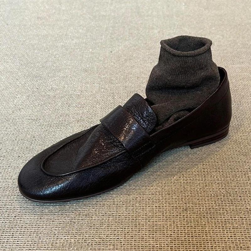 Retro Black Soft Leather Brand Designer Flat Pumps Women Comfort Concise Loafers Outdoor Commuter Office Shoes Zapatos De Mujer