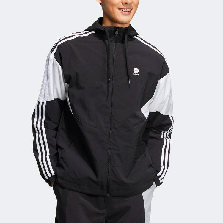 Adidas Logo Print Colorblock Stripe Zip Hooded Long Sleeve Sports Jacket Men Outerwear Black HM1996