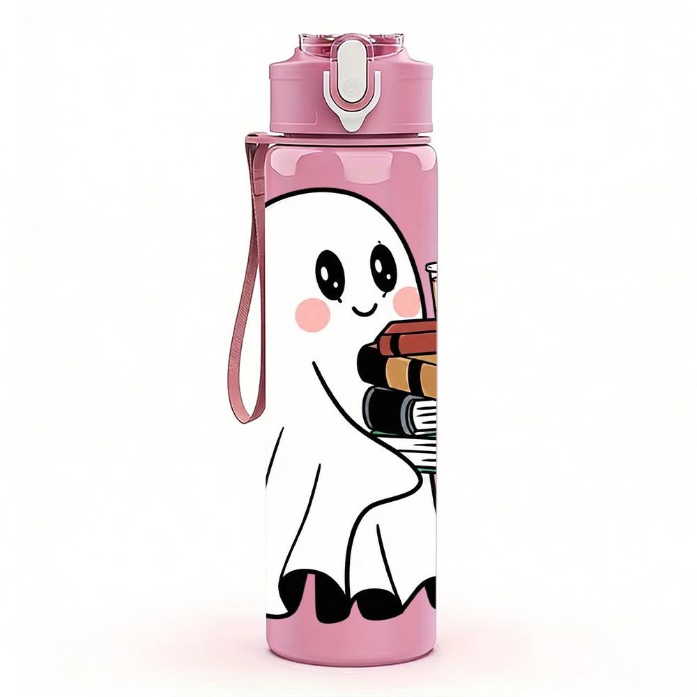 1PC Halloween Ghost Reading Book 750ml Color Plastic Sports Water Bottle Leakproof Flip Straw Lid Suitable for Sports Office Home Use
