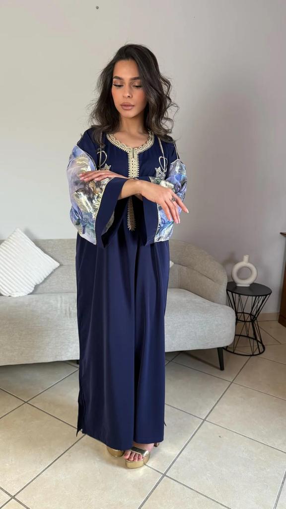 Moroccan Oriental Dress In Navy Blue with Golden and Silver Embroidery - Traditional Jellaba for Weddings, Ceremonies, and Special Events