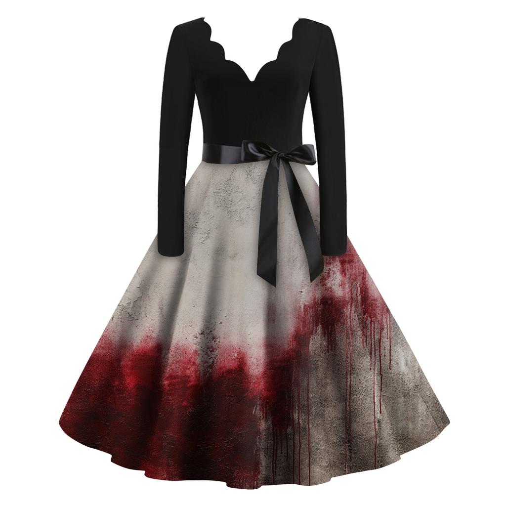 Women's Casual Fashion Halloween Printed V-Neck Vintage Dress