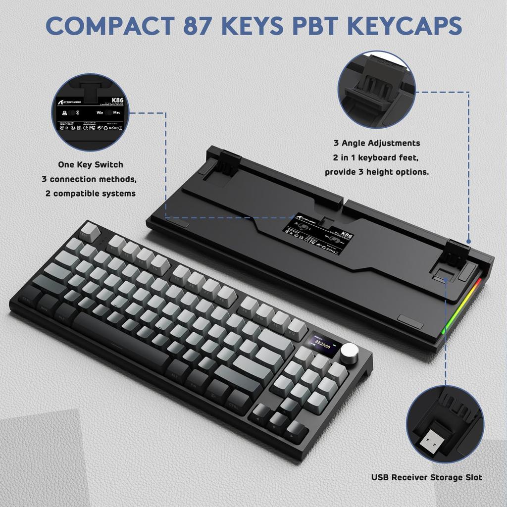 ATTACK SHARK X AJAZZ K86 Mechanical Keyboard, Linear Gaming Keyboard, Wireless, Three Connection Modes: 2.4G, Bluetooth 5.1, and USB-C, TFT Color