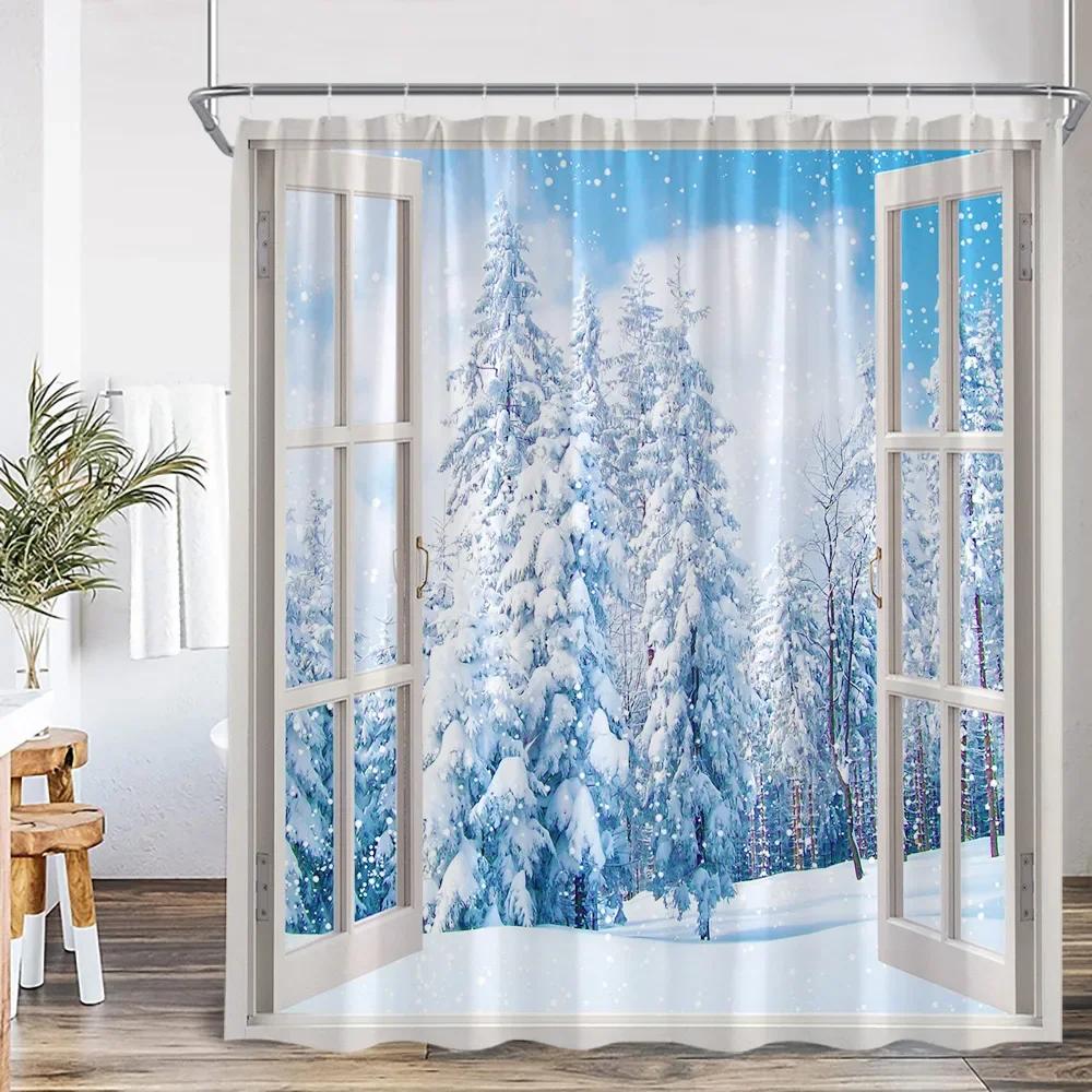 Winter Forest Scenery Shower Curtain Snow Window Outside Nature Landscape Snowy Pine Tree Bathroom Decor Polyester Bath Curtain