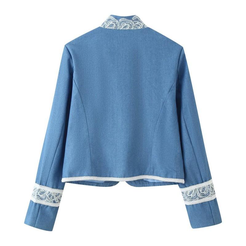 Womens Denim Jacket Lace Trim Stand Collar Long Sleeve Short Versatile Commute Style