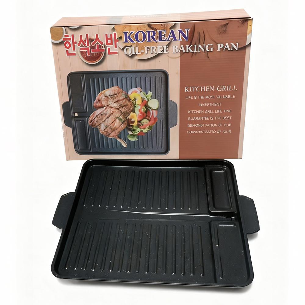 Korean BBQ Grill Pan For Indoor Outdoor Cooking Non-Stick Smokeless Rectangular Barbecue Plate with Oil Hole