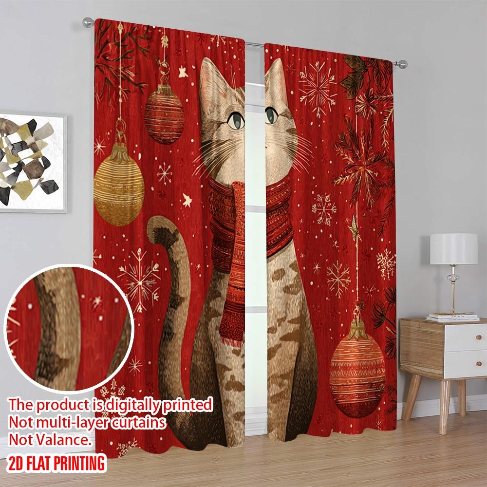 2Pcs,2D Plane Printing Light Filtering Curtains Snowflake Cat 100% Polyester (Without Rod) Festive Ldeal For Bedroom And Various