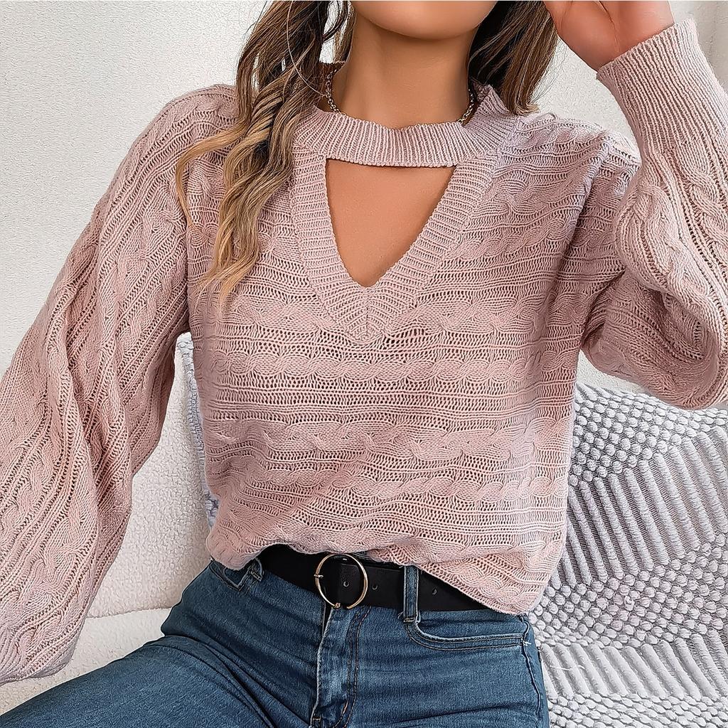 GMXIA Women's Fashion Casual Solid Color Autumn Winter Long Sleeve Round Neck Loose Cut-out Twist Pullover Sweater